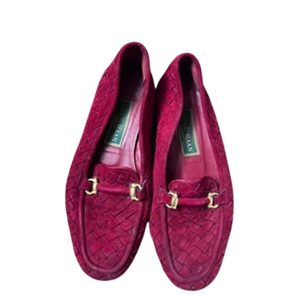 Vintage Cole Haan red woven suede horse bit buckle loafers